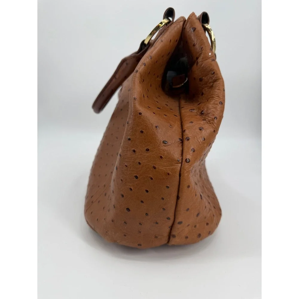 GILI Ostrich Embossed Leather Satchel Handbag Cognac Brown Gold Tone Hardware